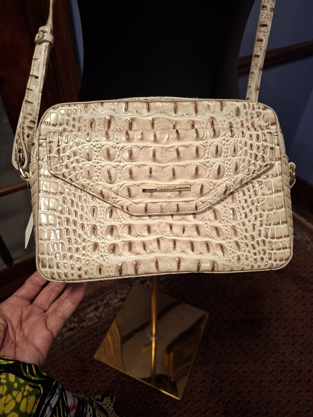 Brahmin Croc-Embossed Cream Crossbody Bag